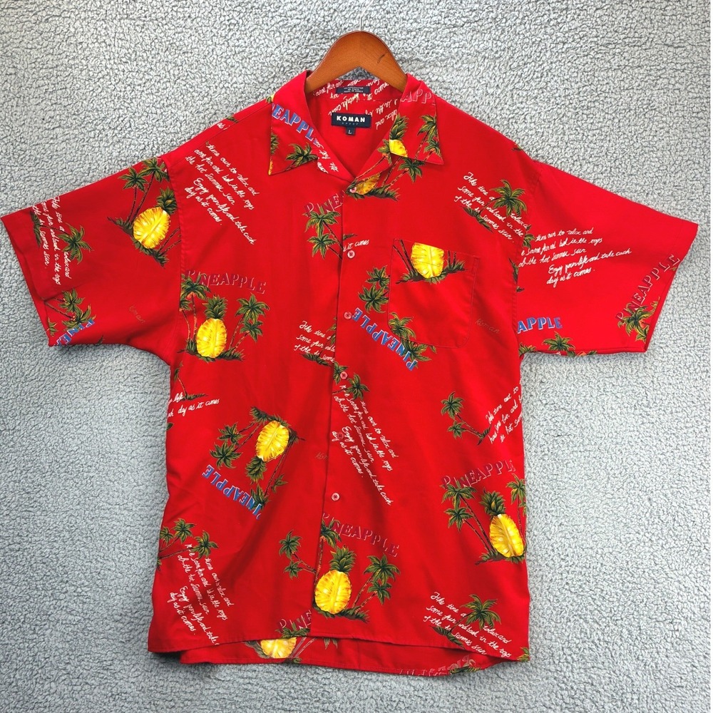 Koman Sport Hawaiian Pineapple Button Up Shirt Mens L Red Tropical Aloha Cruise